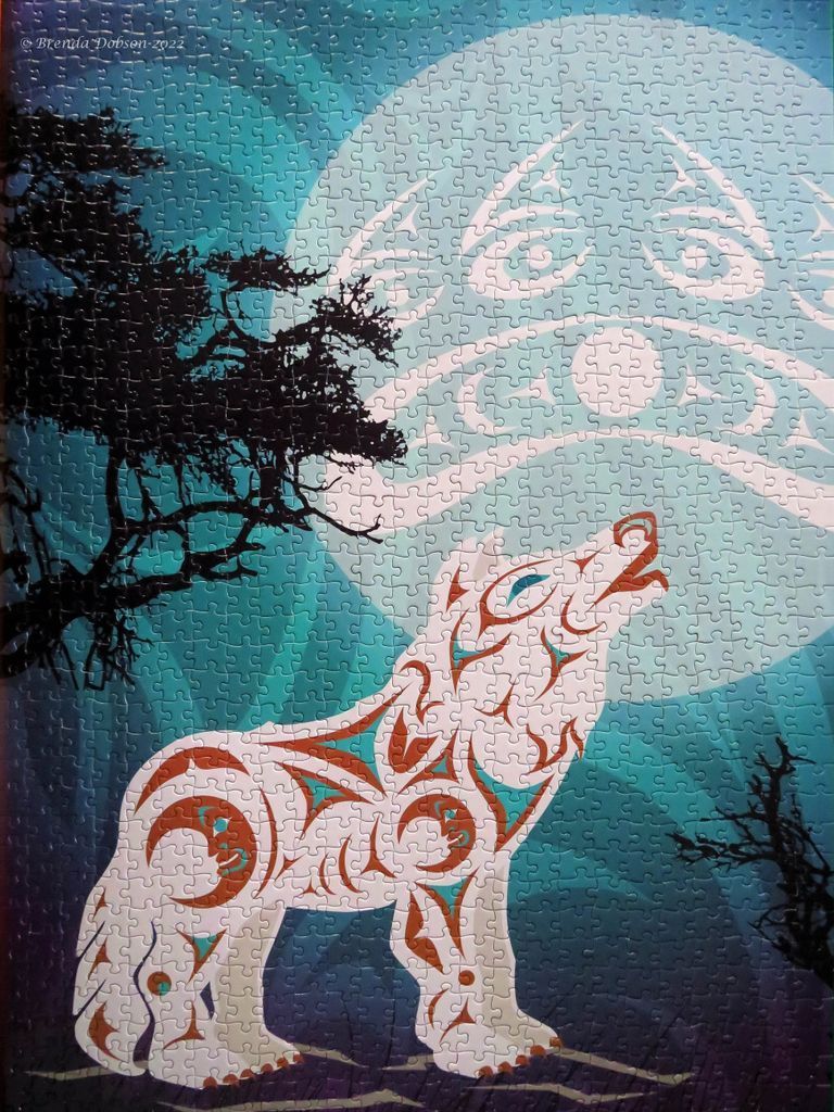 A wolf rendered in Pacific Northwest Indigenous art style howling at a large moon behind a silhouetted tree.