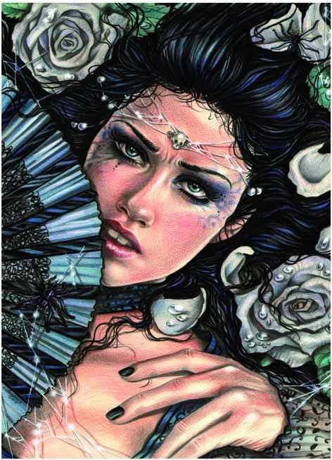 Gothic portrait of a woman with black hair, a lace fan, and silver roses