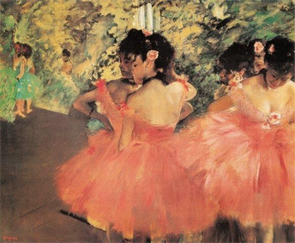 A group of ballerinas in pink tutus standing backstage in an impressionist style painting.
