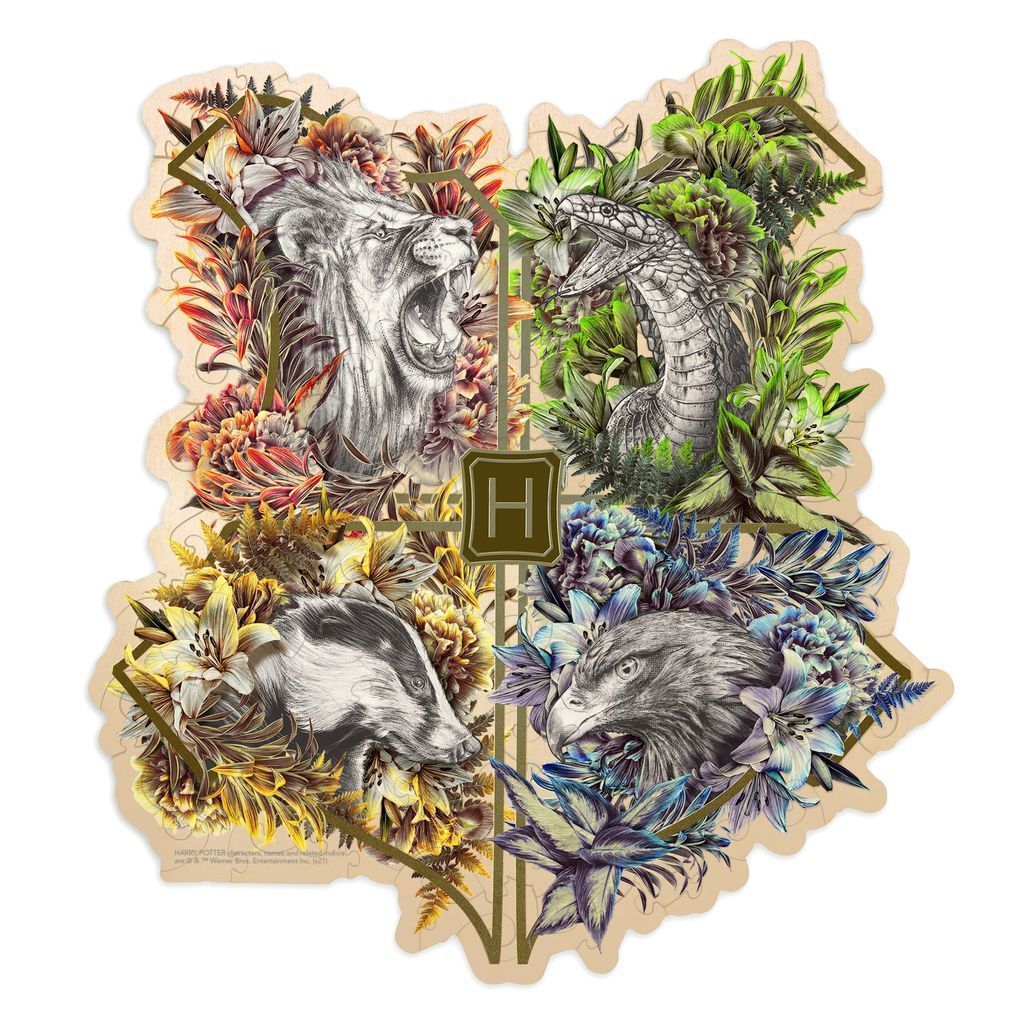 An illustration of four animal heads integrated into a shield design surrounded by lush, colourful floral elements.