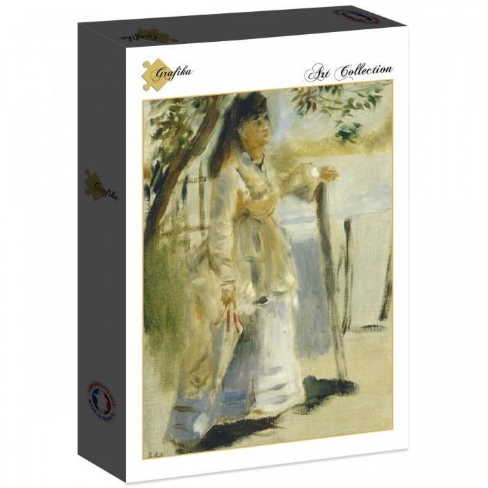 Impressionist oil painting of a woman standing in a light-colored dress outdoors under a tree.