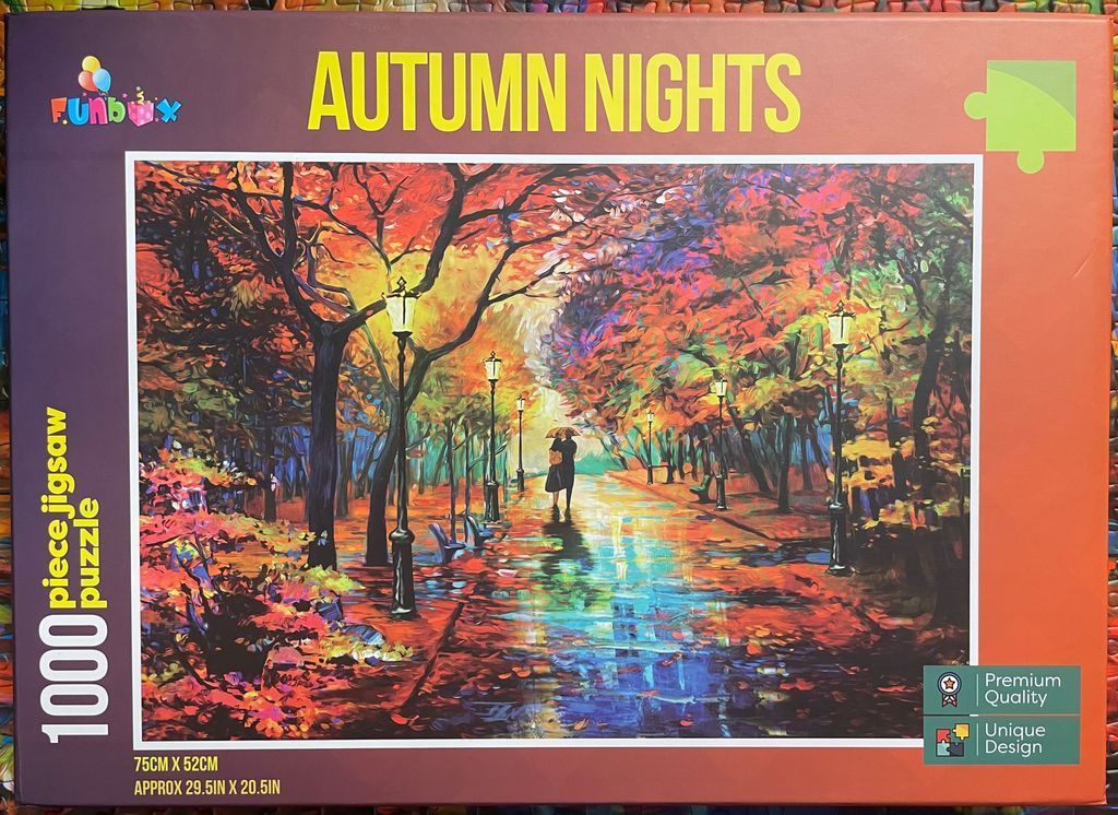 Impressionist oil painting of a couple walking down a rain-slicked park path under autumn trees at night.