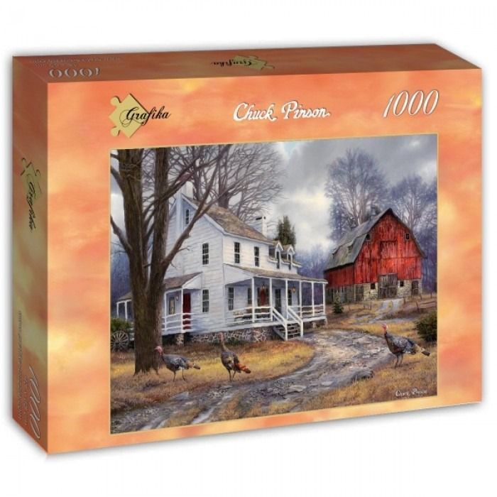 An oil painting of a rural farm scene featuring a white house, a red barn, and three wild turkeys in the yard.