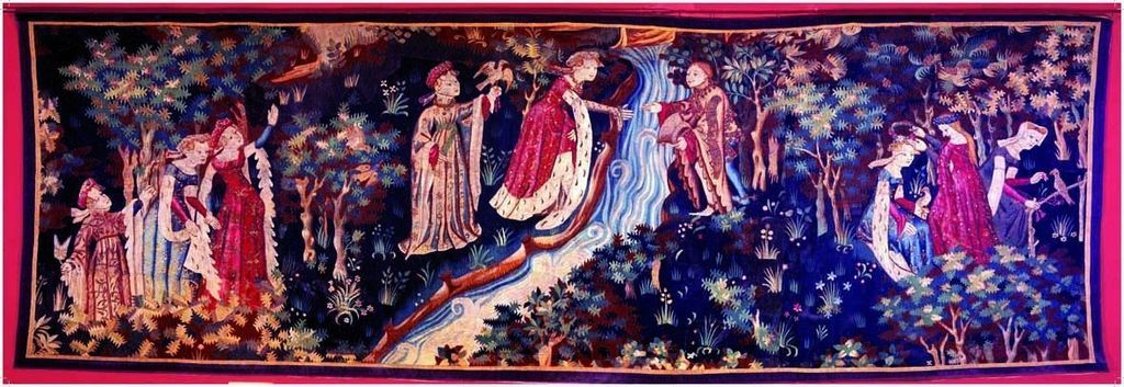 A medieval-style tapestry featuring figures in period clothing standing in a lush, dark forest near a winding stream.