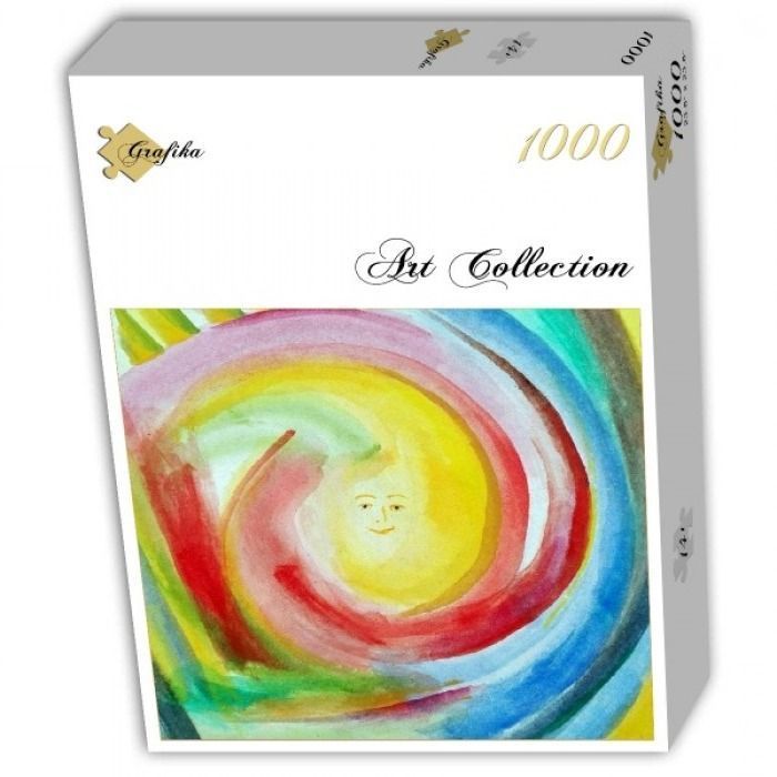 Abstract watercolor painting of a smiling face surrounded by swirling colorful bands of paint.
