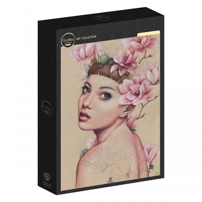 Portrait of a woman with pink magnolia flowers in her hair against a beige background.