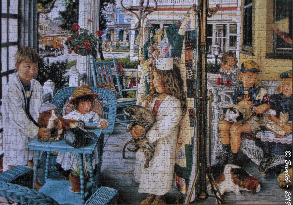 Children playing pretend veterinarian on a sunny porch with cats and a dog