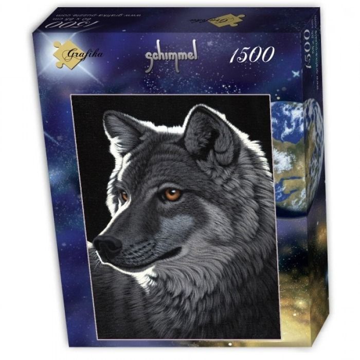 A detailed painting of a wolf's head in profile against a deep space background featuring the planet Earth.