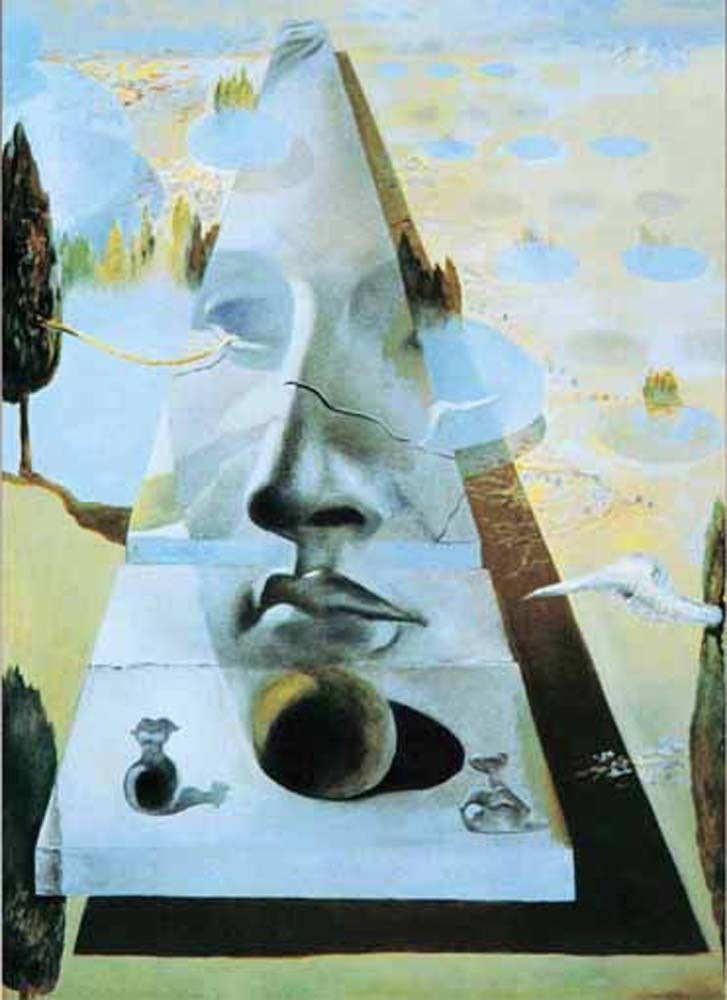 A surrealist painting of a giant stone face embedded in a receding pyramid shape within a dreamlike, hazy landscape.
