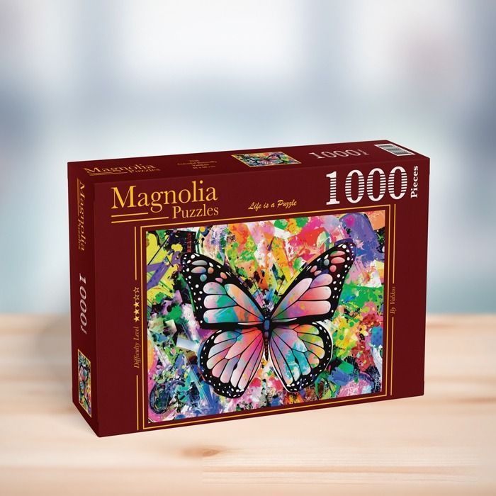 A vibrant monarch-style butterfly centered over a colorful abstract splatter-paint background.