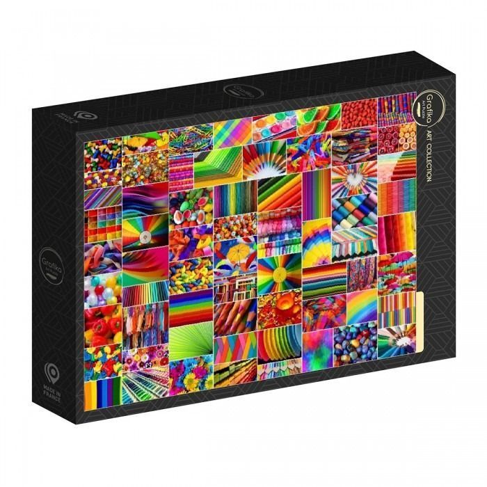 A collage of many different objects and textures arranged in a grid, all featuring vibrant rainbow colors.