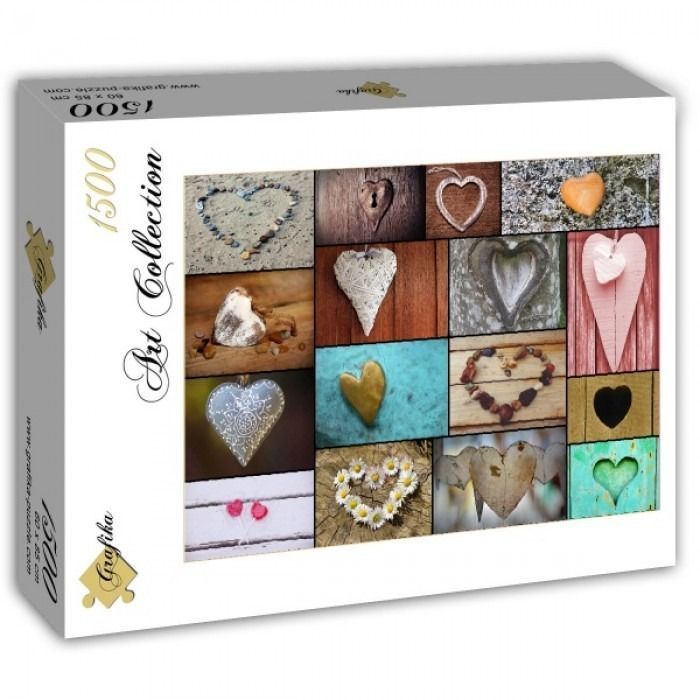 A collage of fifteen diverse heart-themed photographs, including hearts made of stone, metal, wood, and flowers.