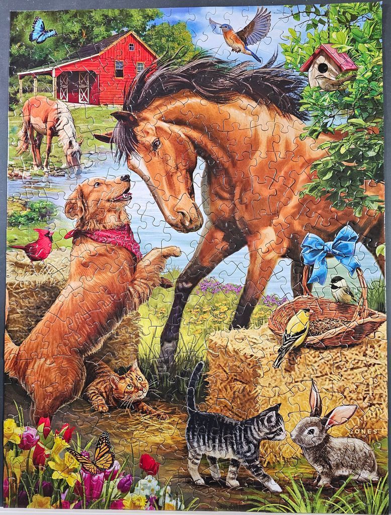 A golden retriever interacting with a brown horse in a pastoral farm scene filled with animals and flowers.