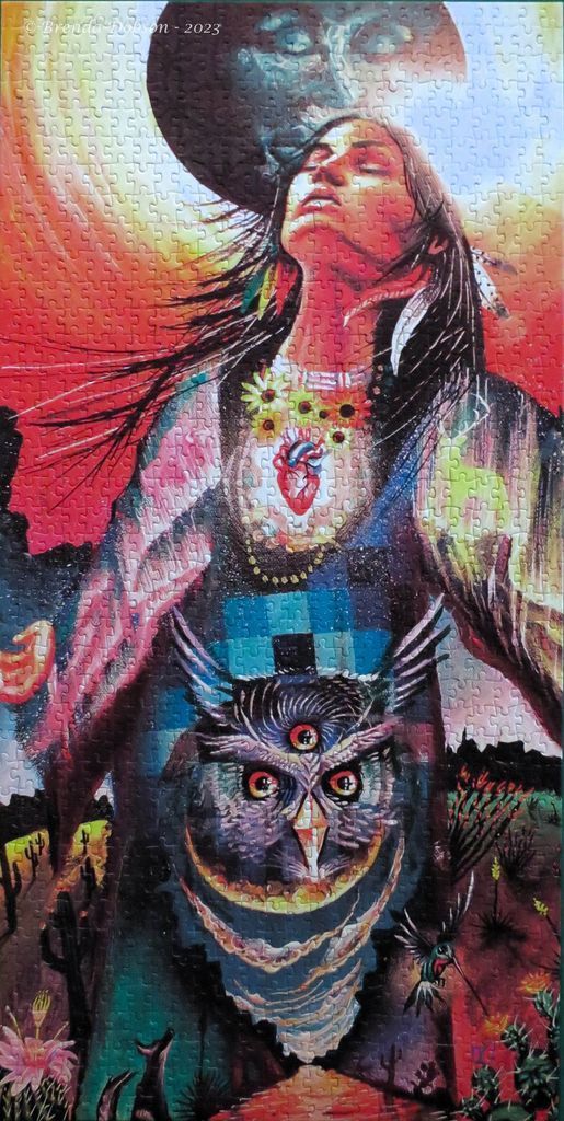 A surreal illustration of a woman with her eyes closed, featuring an owl emblem on her chest and a desert landscape.