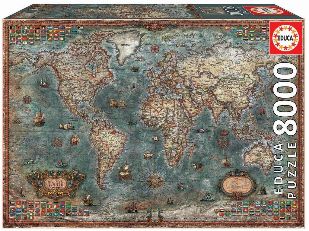 An antique-style world map featuring weathered continents, sailing ships, and a border of international flags.