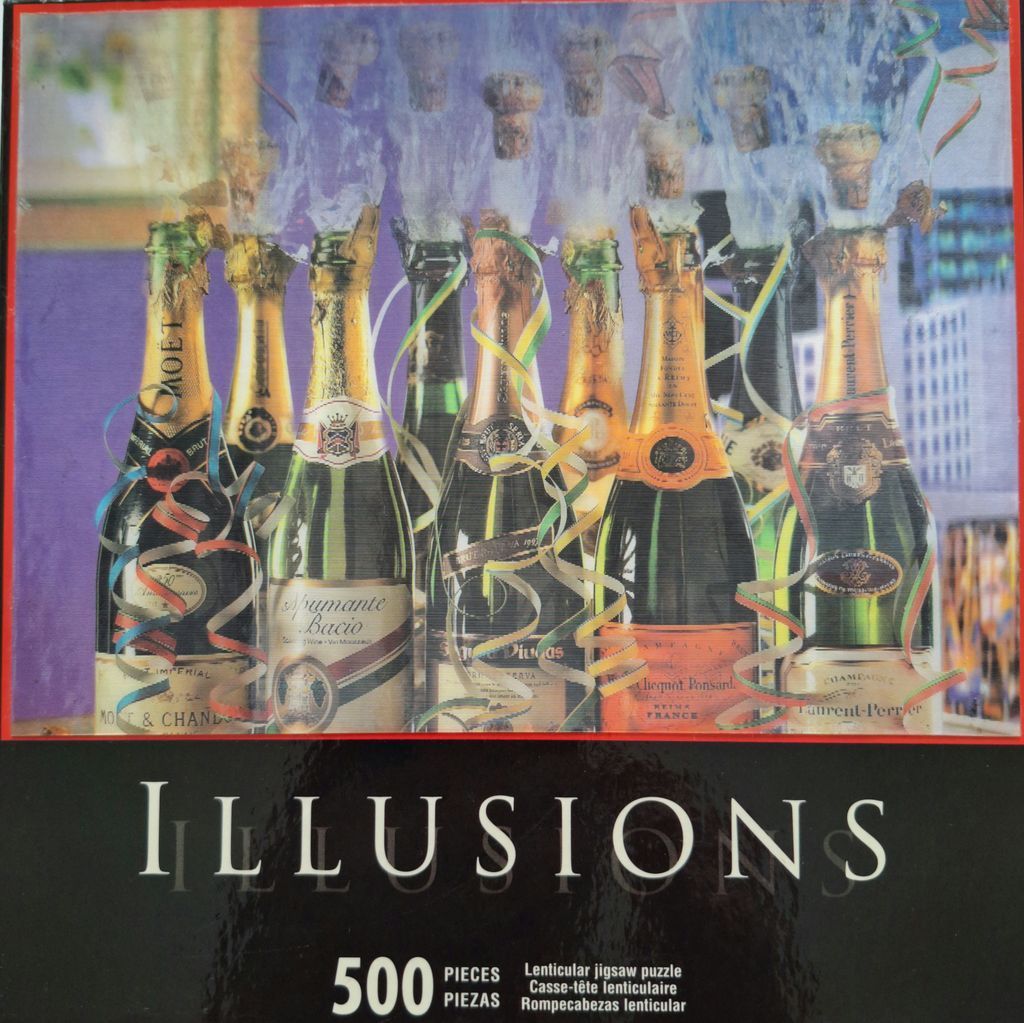 Eight champagne bottles popping their corks with colorful streamers against a purple wall.