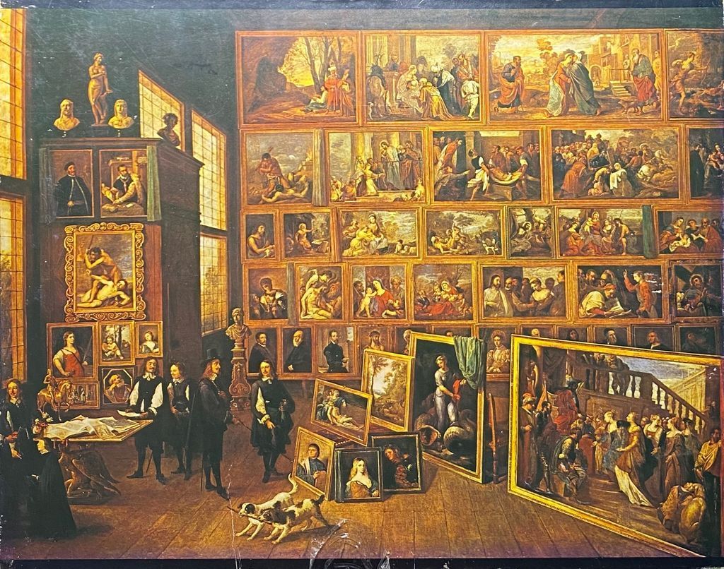 An oil painting of an art gallery featuring a dense arrangement of numerous classical paintings covering the walls.