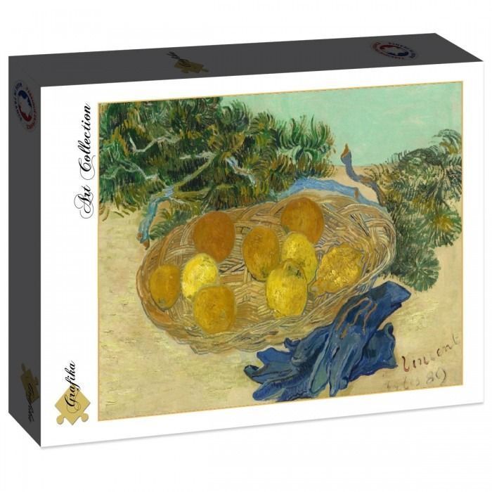 Still life painting of a wicker basket of lemons and a pair of blue gloves by Vincent van Gogh.