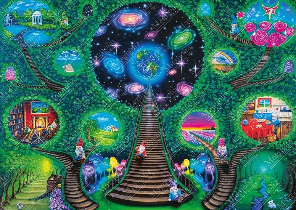 A fantastical forest scene with gnomes, stairs leading into a cosmic space, and glowing portals to various landscapes.