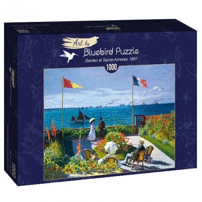 An impressionist painting of a sunny garden terrace overlooking the blue sea with sailing boats and two fluttering flags.