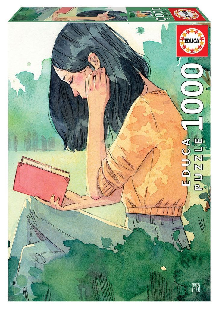 A watercolor illustration of a young woman with dark hair reading a red book in a park-like setting.