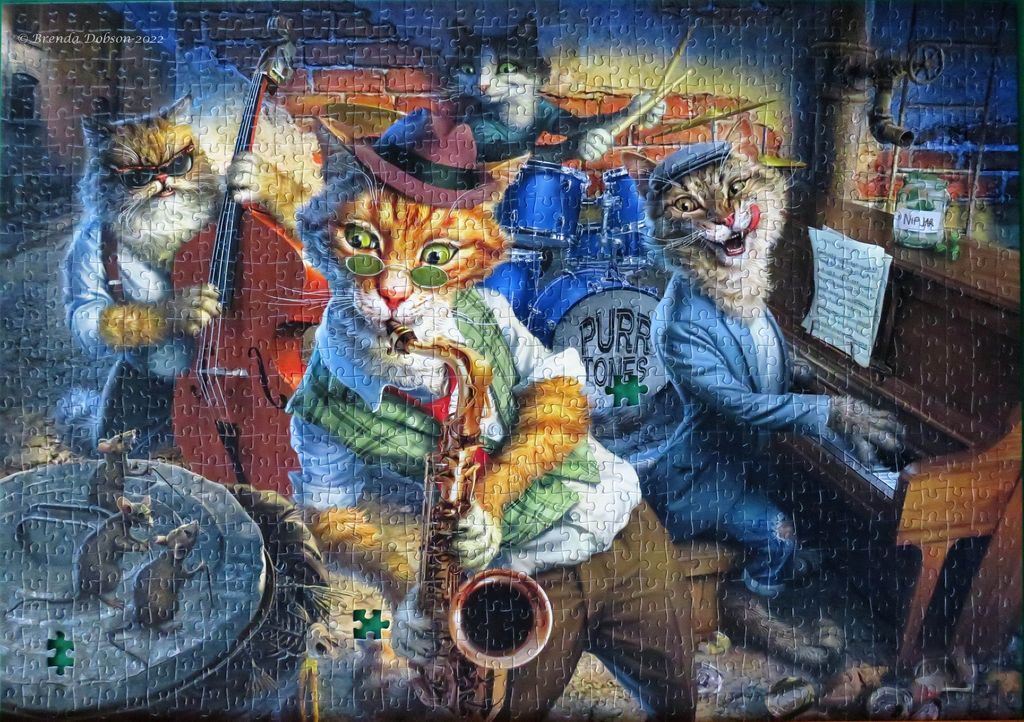 A whimsical illustration of a jazz band composed of anthropomorphic cats playing instruments in an alleyway.