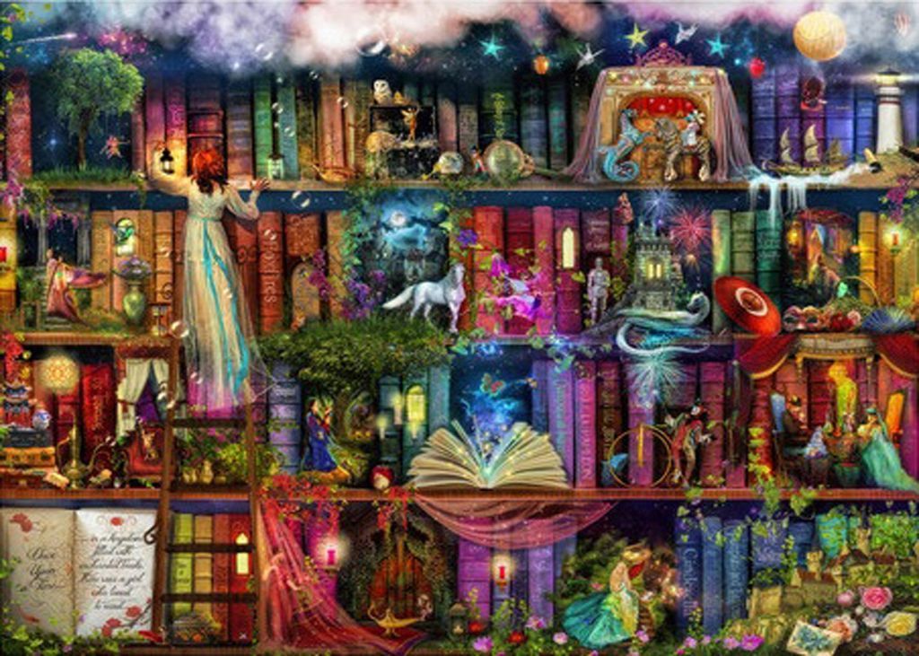 A sprawling fantasy library shelf filled with magical miniature worlds, glowing books, and whimsical characters.