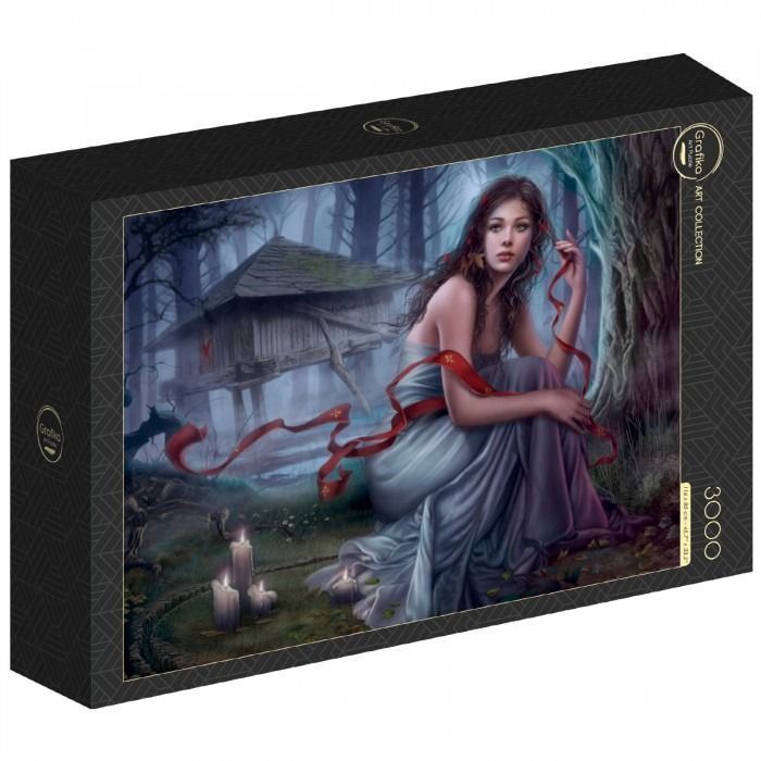 A fantasy illustration of a woman in a grey gown sitting in a misty forest near a small wooden hut.