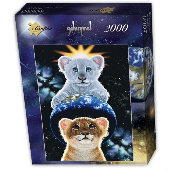 Illustration of a white lion cub and a tawny lion cub perched on planet Earth against a starry space background.