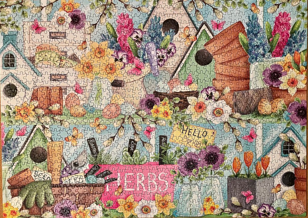 A whimsical spring garden scene featuring birdhouses, flowering plants, and herb labels in a vibrant, artistic style.