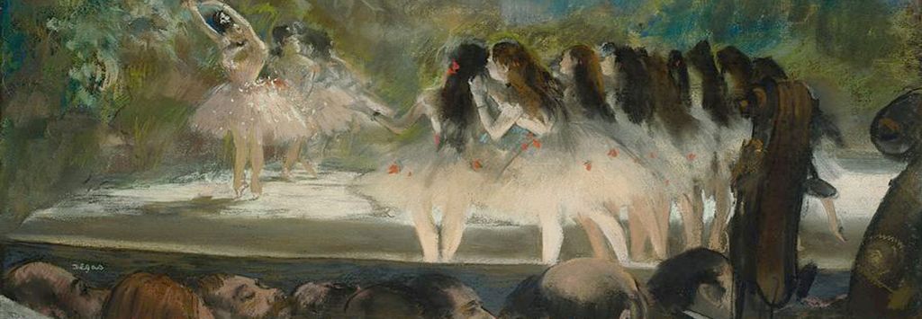 Impressionist painting of ballerinas on stage viewed from the orchestra pit