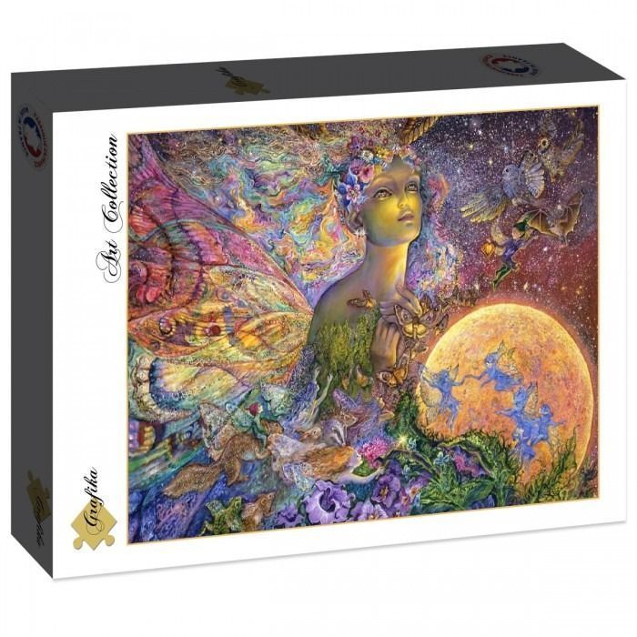Fantasy illustration of a fairy queen with butterfly wings, a large moon, and small forest creatures.
