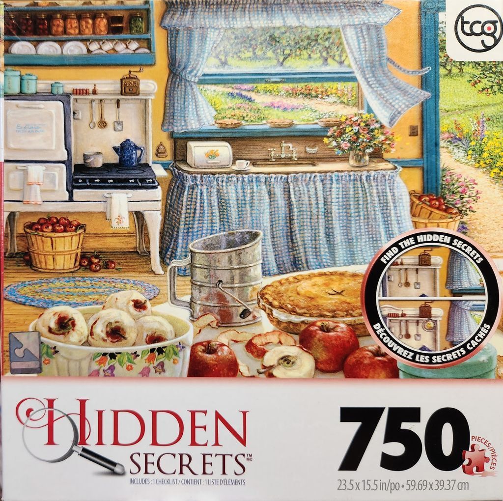 An illustration of a cozy country kitchen with baking ingredients, apples, and a window view of an orchard.