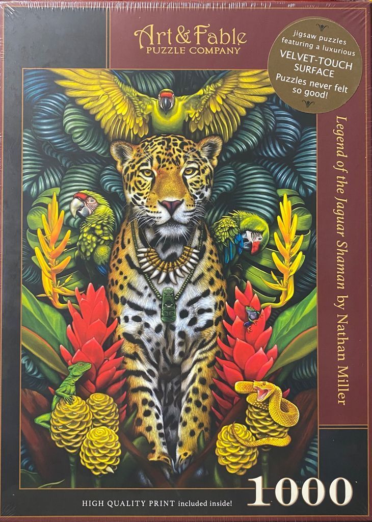 A digital illustration of a jaguar wearing a necklace surrounded by tropical birds, flowers, and reptiles.