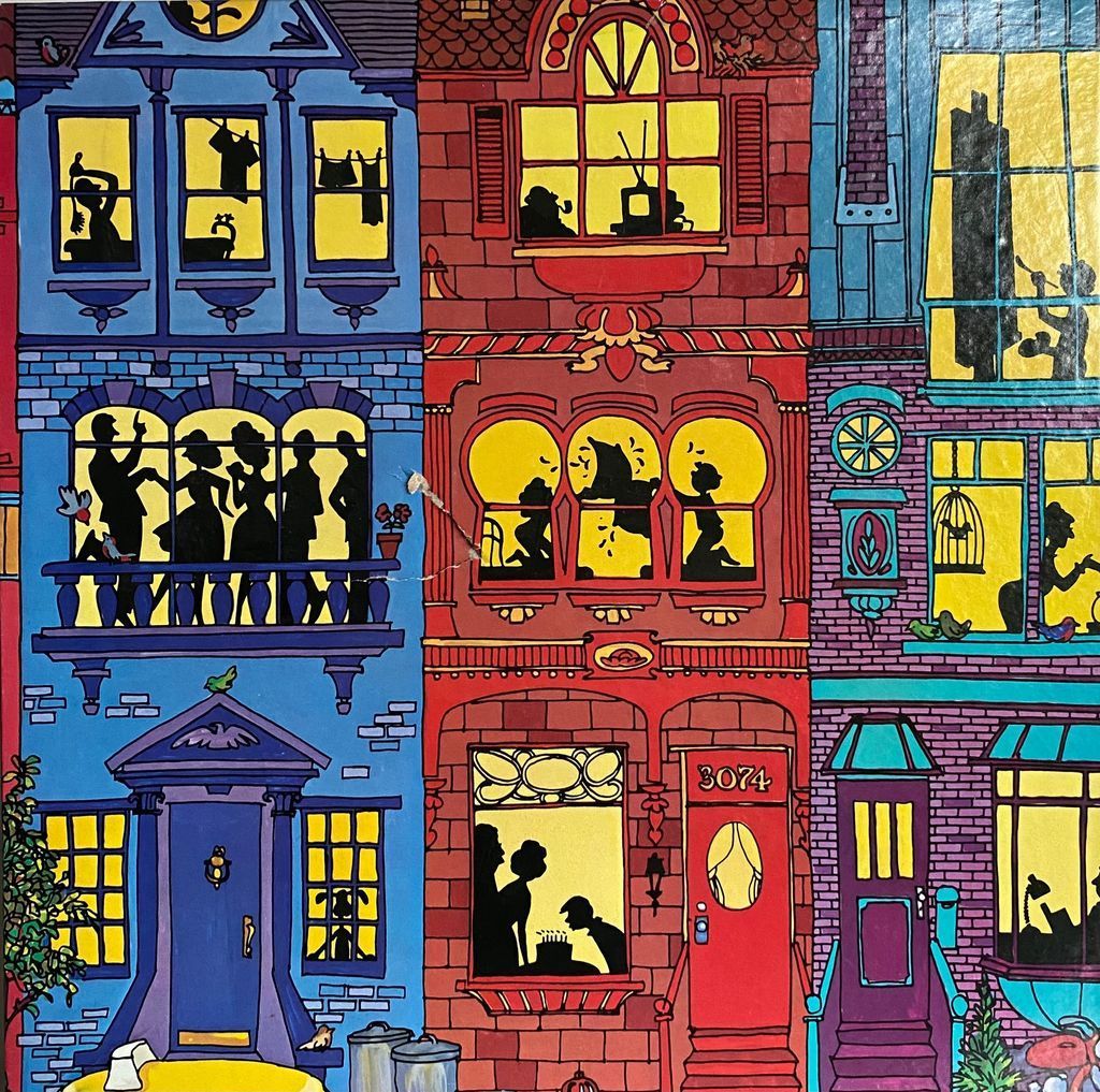 A whimsical illustration of three colorful townhouses at night, showing silhouettes of people in glowing yellow windows.