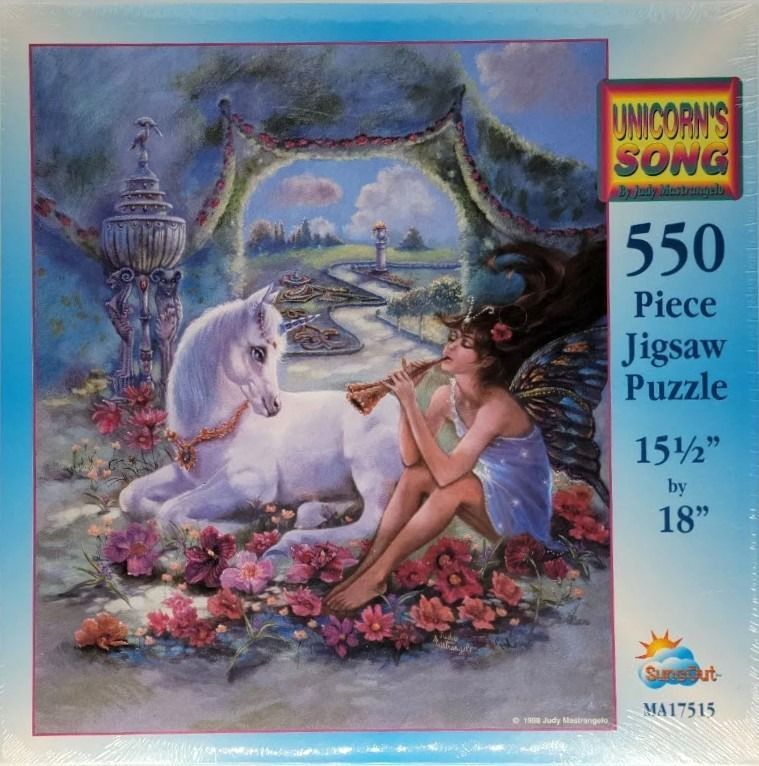 A fairy plays a horn for a white unicorn in a garden setting, rendered in a soft, impressionistic style.