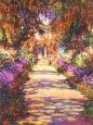 An impressionist painting of a garden path lined with purple flowers and overhanging trees.