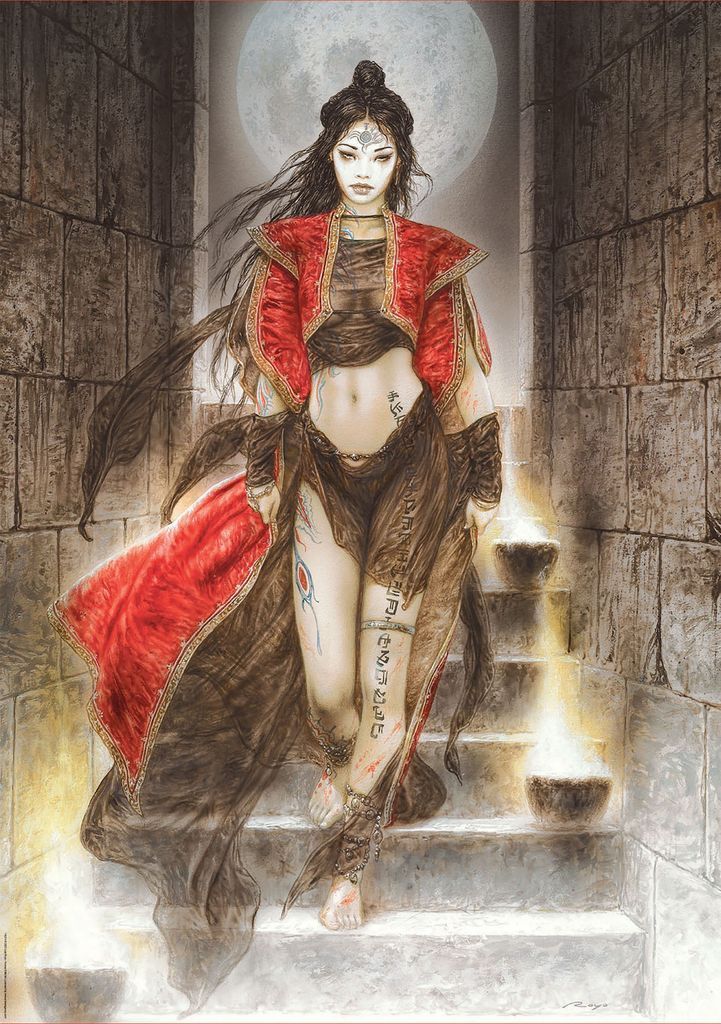 A fantasy woman with dark hair in a red jacket walking down stone steps in front of a full moon.