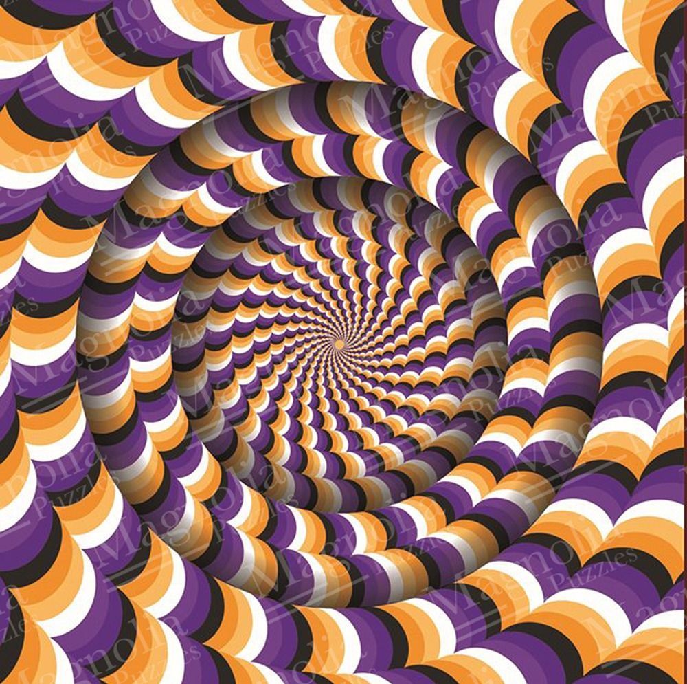 Optical illusion featuring a spiraling tunnel of crescent shapes in purple, orange, black, and white.