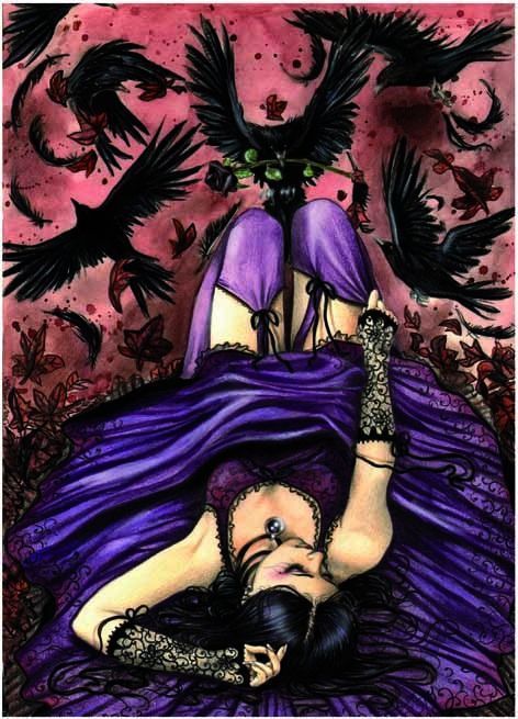 A woman in a purple dress lies surrounded by black crows against a pink background.