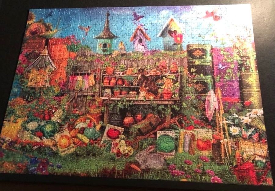 Whimsical garden scene featuring birdhouses, a workbench, and overflowing floral beds in a vibrant, artistic style.