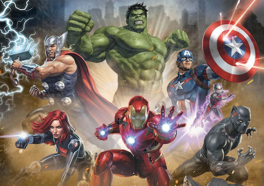 An ensemble of seven superheroes in dynamic action poses, including Hulk, Thor, Iron Man, and Captain America.