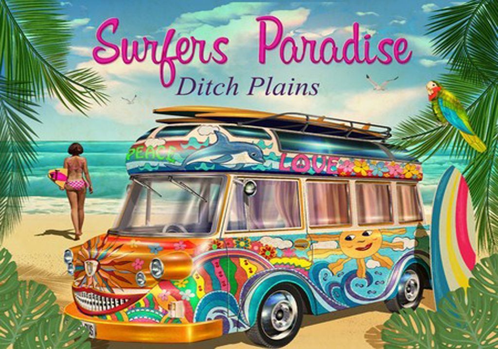 A brightly colored psychedelic van parked on a sunny beach with a woman walking toward the ocean.