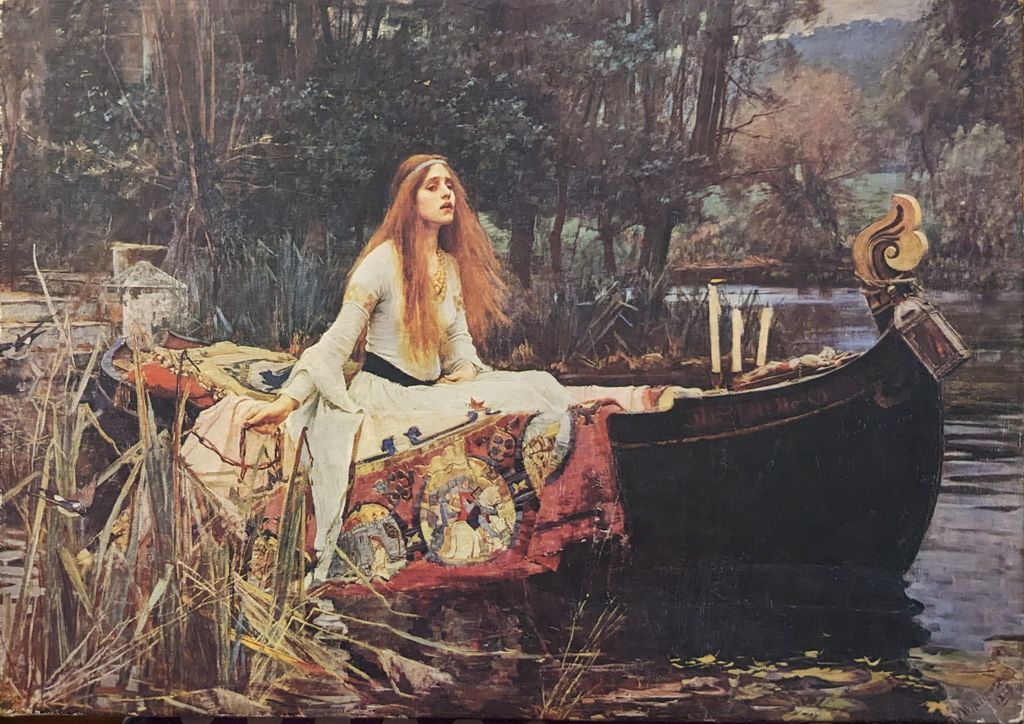 A painting of a woman with long red hair sitting in a dark wooden boat near a riverbank surrounded by reeds.