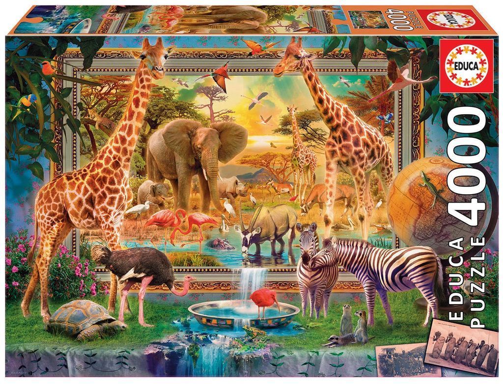 A collection of African wildlife gathered around a magical framed landscape window.