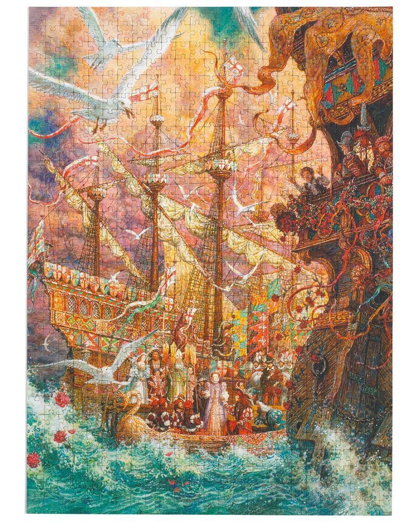 An ornate Tudor-era royal ship filled with figures at sea, rendered in a vibrant, textured illustrative style.