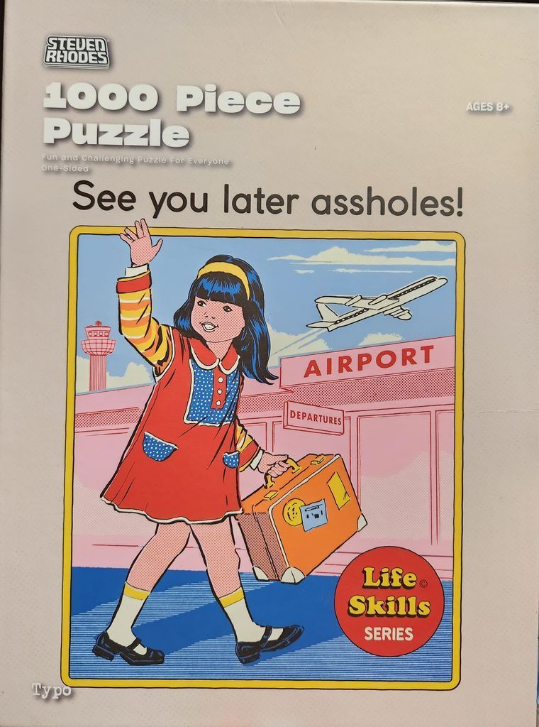 A retro-style illustration of a young girl waving goodbye while carrying a suitcase in front of an airport terminal.
