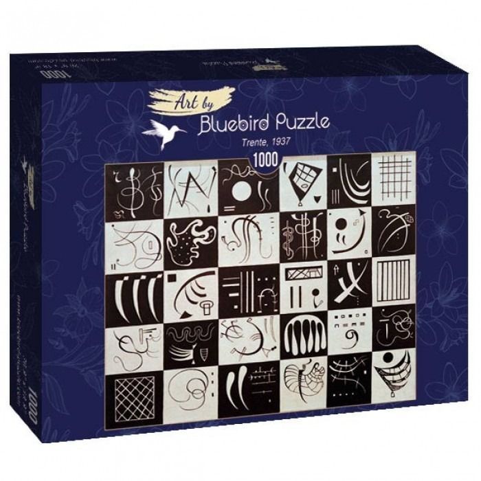 An abstract grid artwork featuring black and white cells with varying calligraphic lines and geometric symbols.