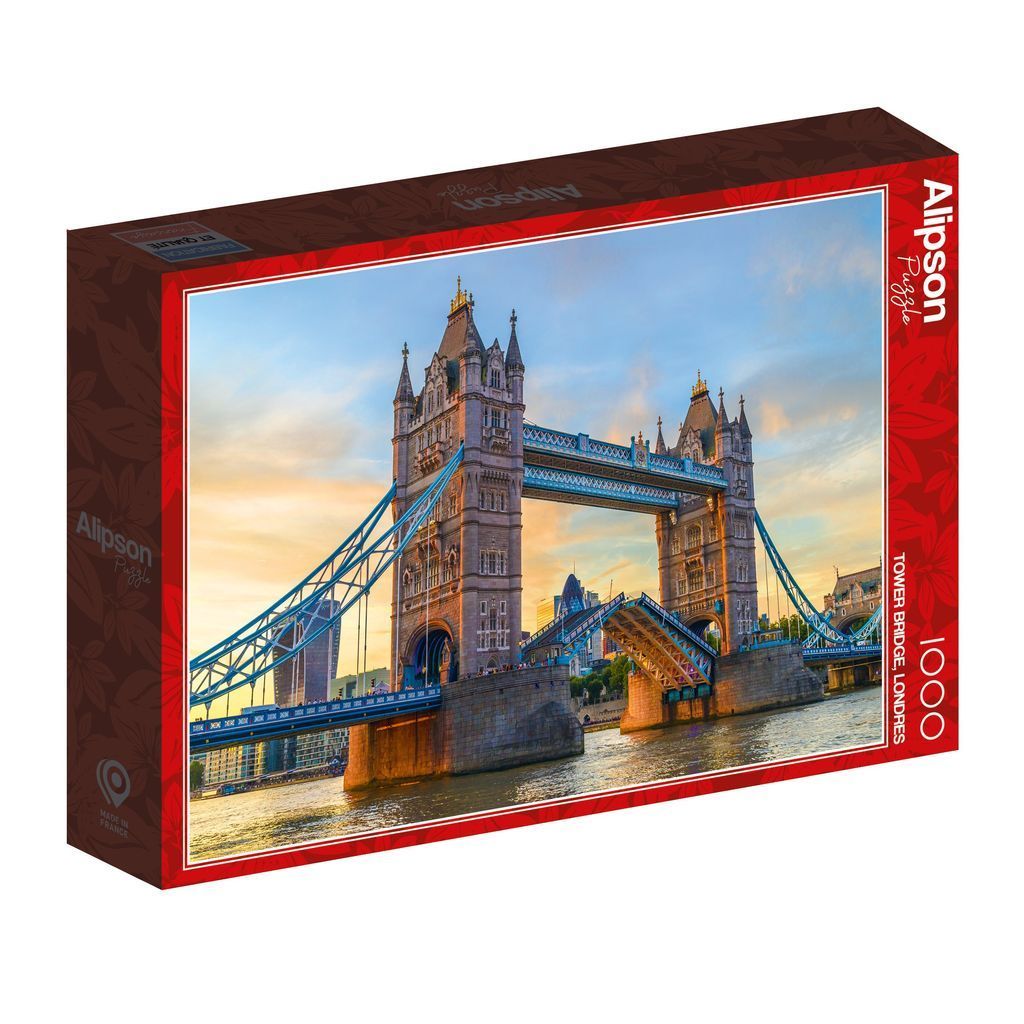 A photograph of Tower Bridge in London at sunset with the bascules raised.