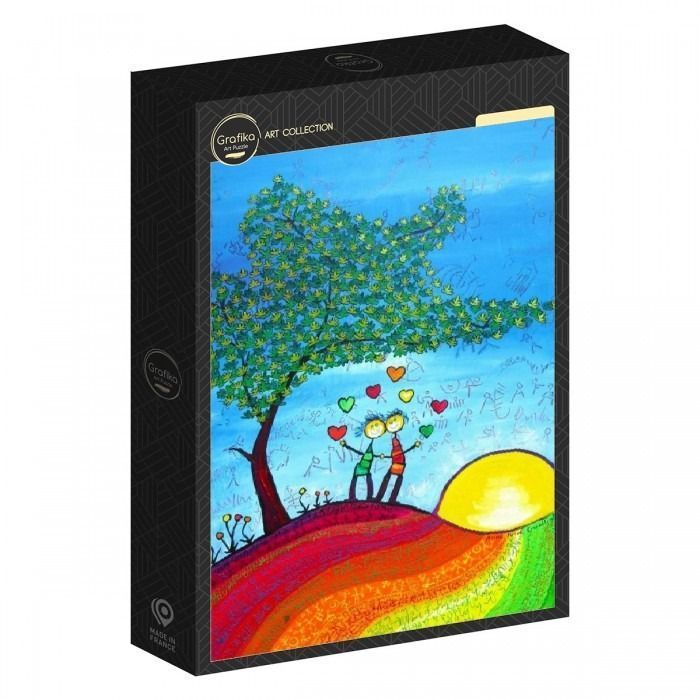 A colorful, stylized illustration of a couple standing under a large tree holding hearts as the sun rises.